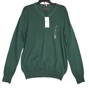 Tommy Hilfiger Men's Green Solid V-Neck Cotton Pullover Sweater NWT Size‎ Large